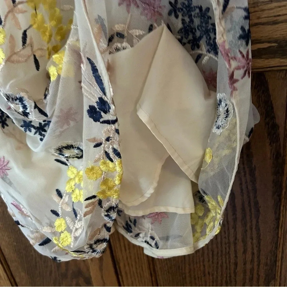 Donna Morgan | Blouson Yellow Floral Embroidered Midi Dress Shoulder Tie | sz 0 - Picture 10 of 13